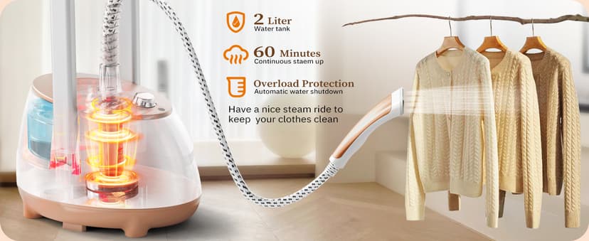 HAPAIS Steamer for Clothes,1800W Standing Garment Steamer 30s Heat-up with Adjustable Stable Double Rod,2-in-1 Flat & Hanging Ironing,Clothes Steamer with 10 Fabric Steam Modes
