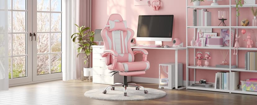 Yaheetech Gaming Chair, Video Game Chair with Massage Lumbar Support and Footrest Height Adjustable Ergonomic Computer Chair with Swivel Seat and Headrest, Pink/White
