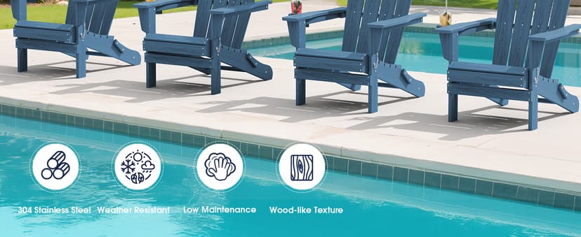 KINGYES Folding Adirondack Chair, HDPE All-Weather Patio Chairs with Cup Holder, Wooden Textured Fire Pit Chairs Recliner for Poolside, Backyard, Deck, Navy