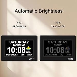 SSYA 7 Inch Calendar Clock - 12 Alarm Options, Level 5 Auto Dimmable Display,Extra Large Impaired Vision Digital Clock with Non-Abbreviated Day & Month (Black)