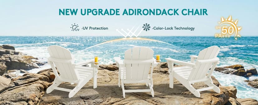 SERWALL Folding Adirondack Chair Set of 2, All Weather Patio Chair with Wood Texture, Fire Pit Chairs for Outdoor - White