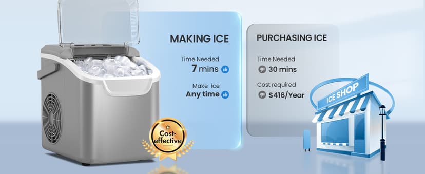Portable Countertop Ice Maker Machine with Handle, 9 Bullet-Shaped Ice Cubes Ready in 6 Mins, 26Lbs/24H, Self-Cleaning Function with Ice Scoop and Basket for Home/Kitchen/Party (Grey)