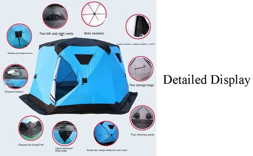 8-12Person Ice Fishing Tent with Stove Jack and Floor Portable ICES Fishings Shelter 210D Insulated Layer Oxford Cloth Hexagon Shanty Pop-Up Fish Tent for Winter Camping Fishing