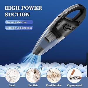 Hiluce Car Vacuum Portable Cordless, Handheld Vacuum Cleaner High Power for Wet and Dry, USB Rechargeable Lightweight Cordless Vacuum, 0.45L Capacity Storage Bag,for Car/Stairs/Pet Hair(Black Silver)