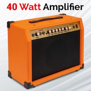 LyxPro 40 Watt Electric Guitar Amplifier | Solid State Studio Amp with 8” 4-Ohm Speaker, Custom EQ Controls, Drive, Delay, ¼” Passive/Active/Microphone Inputs, Aux in & Headphone Jack - Sunburst
