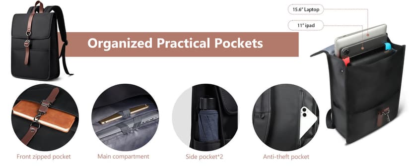 HEROIC KNIGHT Laptop Backpack for Men Women, Slim Work Travel Backpack with USB Charging Port, Lightweight Computer College Backpack Bag, Vintage Commuter Casual Daypack Fits 15.6 Inch Laptop,Black