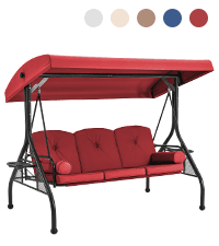 HOMREST 3 Seat Outdoor Porch Swing with Adjustable Canopy, Convertible Patio Swing Bed with Stand, Patio Glider Swing with Upgraded Cup Holder, Thicken Cushions & Pillow for Backyard(Wine Red)
