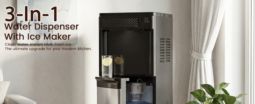 3 in 1 Water Cooler Dispenser with Ice Maker, Bottom-Loading Water Cooler Hot and Cold for Home & Office, 33lbs/24H Bullet Ice, Top Loading 3-5 Gallon, Child Safety Lock, Ice Ready in 7 Mins