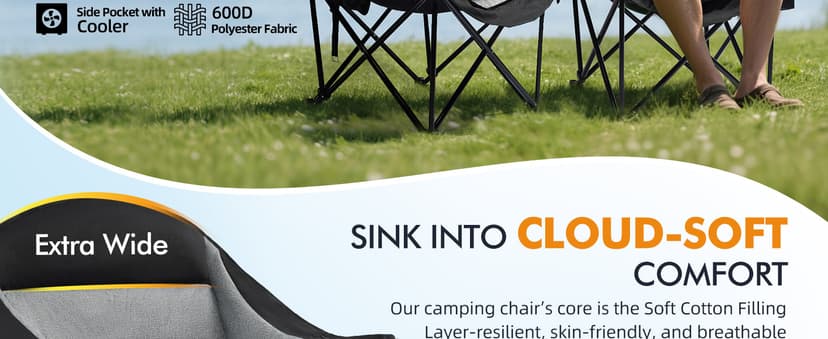 Oversized Camping Chairs for Adults - Heavy Duty Padded Outdoor Folding Lawn XL Camp Chair with Cup Holder Cooler Pockets for Outside Sports Beach Fishing Garden Portable Supports 500lbs, Black