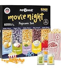 Pop n' Dulge Popcorn Movie Night Supplies 16 pcs Gift Set, 5 Gourmet Popcorn Kernels, 5 Seasoning Variety Packs Non-GMO Kosher Snacks, Great Housewarming Family Date Night Gifts Basket Ideas For Him Her