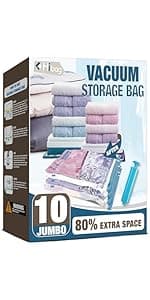 HIBAG Vacuum Storage Seal Bags, 10 Jumbo Space Saver Vacuum Sealer Bags for Clothes, Comforters, Blankets, Bedding (10J)