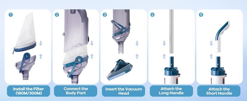 Pool Vacuum for Above Ground Pool with a Telescopic Pole, Running time up to 1H, T403 Handheld Rechargeable Pool Cleaner with Powerful Suction up to 18.5 gallons/min, Ideal for Leaves, Debris