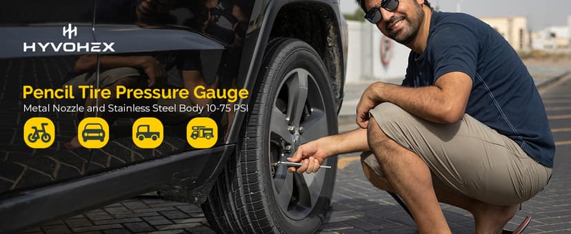 Pencil Tire Pressure Gauge 2 Pack with Valve Caps, Stainless Steel Body Tire Gauges for Tire Pressure with Deflator Valve, Metal Nozzle Tire Gauge for Cars, Pickups, RVs, Bicycles