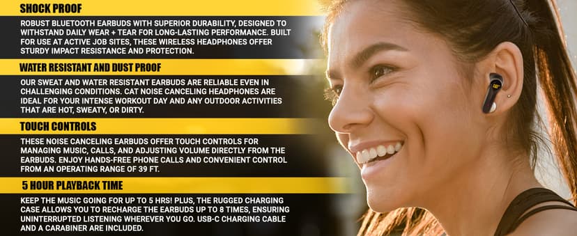 CAT Bluetooth Noise Canceling Ear Buds - Rugged Wireless Work Earbuds, Bluetooth Work Headphones, Dust Proof, Shock Proof, Water Resistant, Compatible with Apple, Android