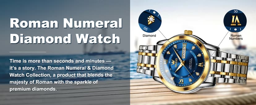 OLEVS Men's Stainless Steel Watch, Large Face Roman Numerals Diamond Accented Three-Hand Analog Quartz Watches for Men, Easy to Read Day Date Waterproof Luminous Mens Wristwatch