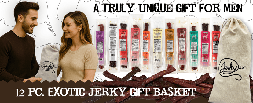 Jerky.com Jerky.com Exotic Meat Sticks Gift Bag | Wild Game Jerky Sampler with Venison, Elk & Wild Boar | 12pc High Protein Meat Snacks Variety Pack | Unique Gift Basket for Men, Dad, Hunters, Outdoorsmen