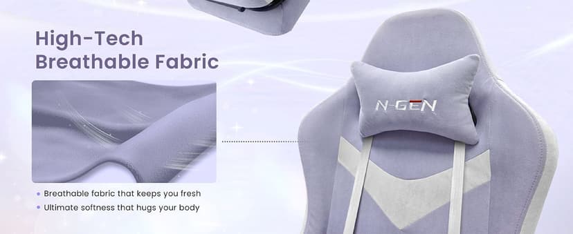 N-GEN GAMING Video Gaming Chair Office Computer Desk Use Ergonomic Reclining Backrest Adjustable Armrests Lumbar Support Footrest High Density Foam Breathable Fabric Heavy Duty Base (Purple)