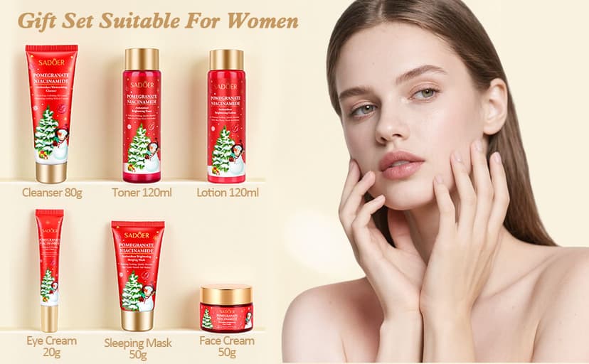 Christmas Gifts 6 Pcs Skin Care Set Pomegranate Moisturize Soothe Hydrate Gifts for Teenage Girls Stocking Stuffers Christmas Gifts for Women-Cleanser,Toner,Lotion,Face Cream,Eye Cream,Sleep Mask