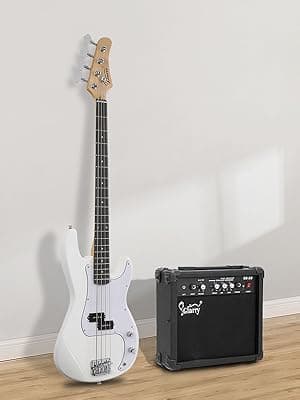 GLARRY Full Size Electric Bass Guitar Beginner Kit 4 String Exquisite Basswood Bass with 20W AMP, Cable, Strap, Bag and Accessories (White, 39"Right Handed)