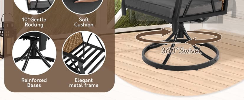 5-Piece Patio Dining Set for 4,Outdoor Dining Set with Wicker Swivel Patio Dining Chairs with Cushions & 1 Black Square Woodgrain Dining Table with 1.75”Market Umbrella Hole, Black & Brown