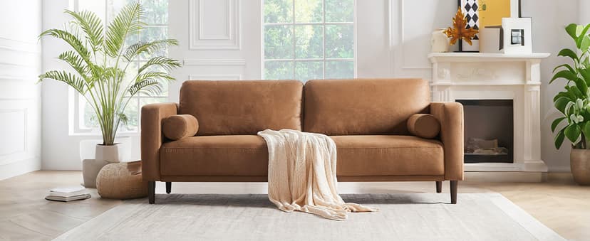 HIFIT Sofa Couches, 79” Mid-Century Modern Couch, Breathable Faux Leather Couch with Upholstered Cushions/Pillows, 3-Seat Sofas & Couches, for Living Room Apartment Office, Brown