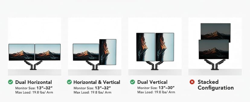 HUANUO FlowLift™ Dual Monitor Stand, Fully Adjustable Gaming Monitor Desk Mount for 13–32″ Computer Screens, Full Motion VESA 75x75/100x100 with C-Clamp & Grommet Base, Each Arm Holds 4.4 to 19.8 lbs