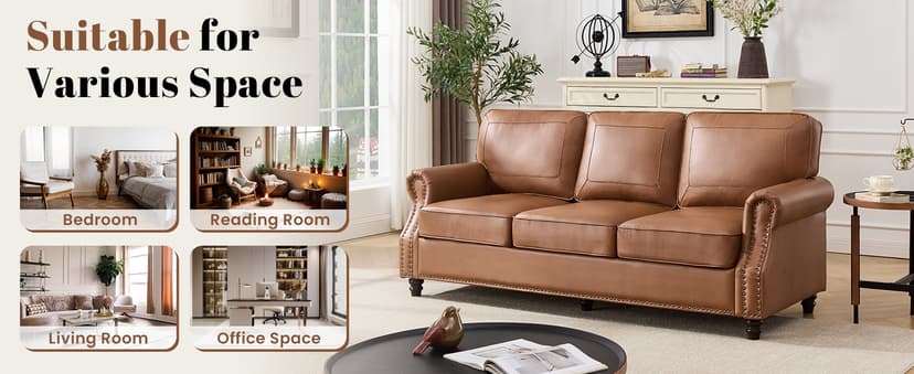 Kingfun Mid-Century Modern Couch, Faux Leather Sofa, 3 Seater Couch for Living Room with Rolled arms & Nailhead Trim, Brown