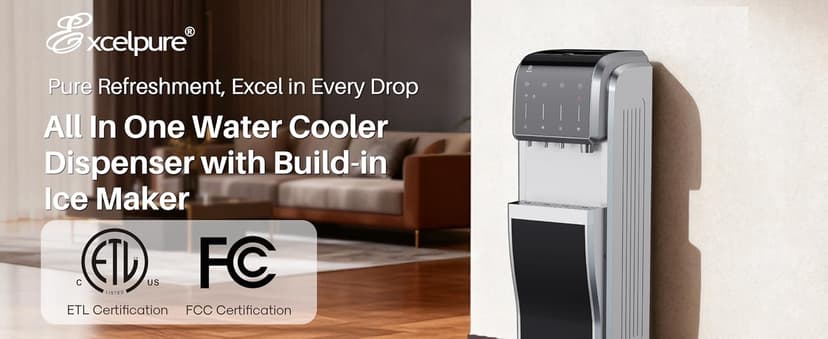 EXCELPURE 5-in-1 Bottom Loading Water Dispenser with Ice Maker, 3 Temperatures Settings - Hot, Cold and Room Water Cooler for 5 Gallon Bottle, Child Safety Lock, 35lbs/24H, WiFi, Stainless Steel