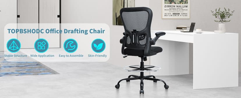 Drafting Chair, Ergonomic Tall Office Chair for Standing Desk, Counter Height Desk Chair with Adjustable Padded Armrests and Footrest Ring Standing Desk Chair Adjustable Height with Lumbar Support