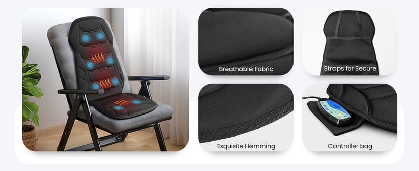 COMFIER Back Massager with Heat, Vibration Massage Seat Cushion with 8 Massage Nodes & 5 Modes, Adjustable Chair Massager Pad for Home Office, Heated Chair Pad, Father‘s Day Gift for Dad