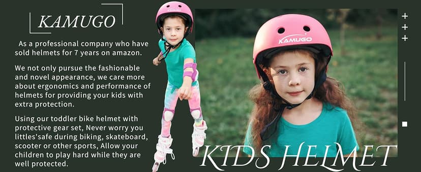 KAMUGO Kids Bike Helmet, Toddler Helmet for Ages 2-8 Boys Girls with Sports Protective Gear Set Knee Elbow Wrist Pads for Skateboard Cycling Scooter Rollerblading