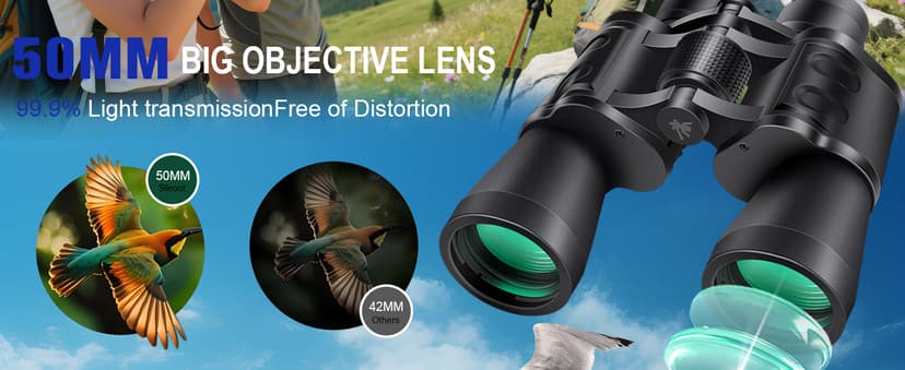20x50 High Powered Binoculars for Adults, Clear Durable Binoculars for Bird Watching Sightseeing Wildlife Watching Travel Hunting Football Games Stargazing with Carrying Case & Strap
