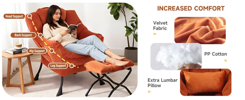 Lazy Chair with Ottoman, Modern Accent Chair with Lumbar Pillow, Dark Grey Sofa, Armchairs with Folding Footrest, Oversized Supportive Chairs for Bedroom, Reading