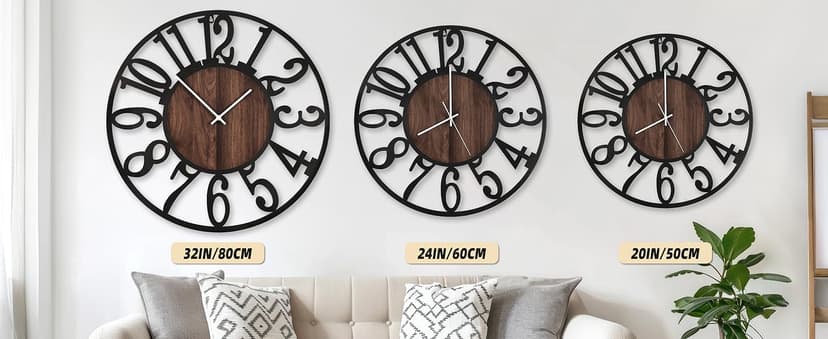 LEIKE Large Wall Clocks with Night Light Battery Operated,Silent Non Ticking,Rustic Modern Big Wood Clock for Living Room, Bedroom,Kitchen,Farmhouse,Office,Home Decor-20 Inch(Black-Arabic Number)