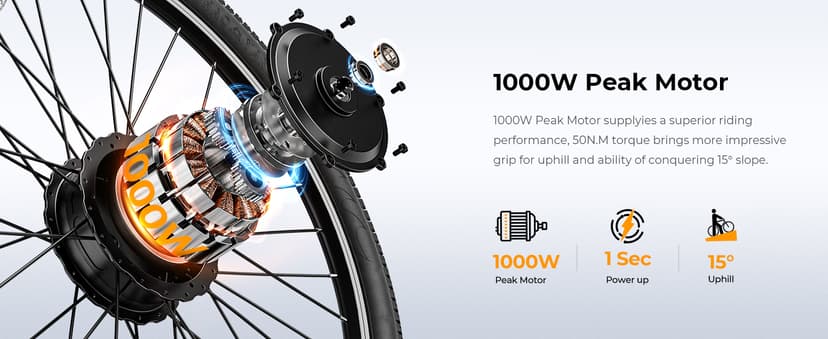 Jasion EB5 Electric Bike for Adults with Peak 1000W Brushless Motor, 40Miles 20MPH Commuting Electric Mountain Bike with 360Wh Removable Battery, 7-Speed, 26" Tires and Front Fork Suspension