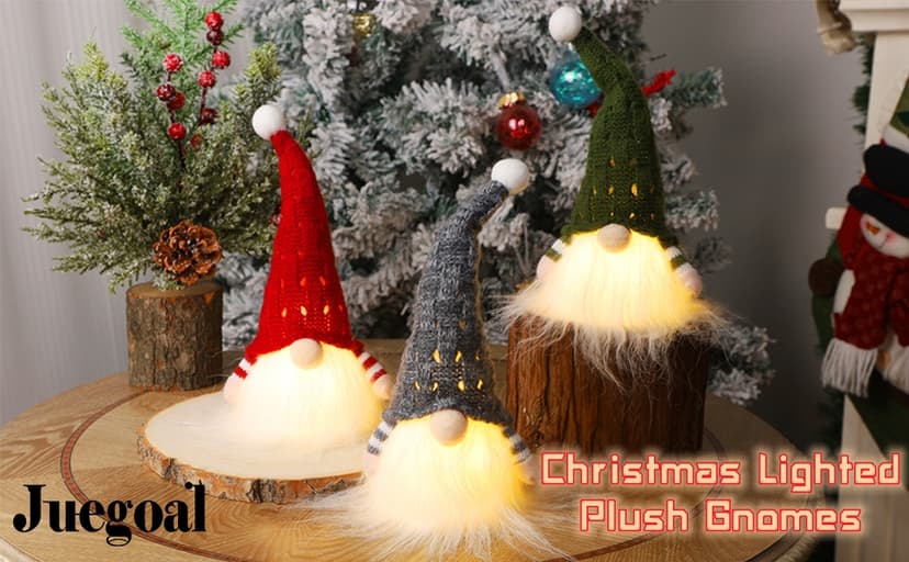 Juegoal Christmas Plush Gnomes, 9 Inch Lighted Handmade Mini gnome Scandinavian, Light Up Swedish Tomte Elf Holiday Present, Battery Operated Xmas Gifts Table Ornaments Dinner Party Supplies, Set of 3