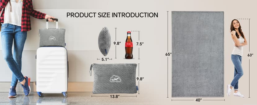 Ultra-soft Airplane Blanket, Luggage Sleeve & Backpack Clip, Travel Essentials for Women, Foldable as Pillow for Long Flight BEDELITE Travel Blanket with Bag, Jacquard Fleece Blanket 65"x40", Blue B0CNJS15T4