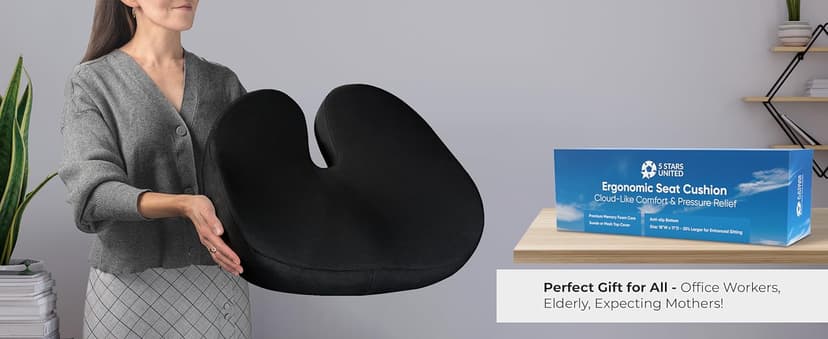 5 STARS UNITED Seat Cushion - Memory Foam Chair Cushion for Tailbone Pain Relief - Ergonomic Support for Coccyx, Sciatica & Butt - Office, Desk & Gaming Chair, Car Seat, Wheelchair, Airplane, Black