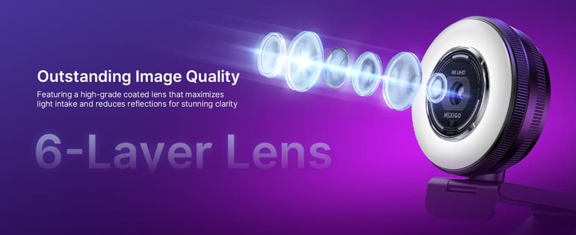NexiGo N680E Pro 4K Webcam with Ring Light, PDAF Autofocus, 1080p 60FPS, Dual Noise-Canceling Mics, Privacy Shutter, USB Plug-and-Play for Zoom, Teams, Twitch, Google Meet
