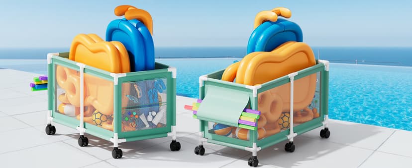 280 Gallon 69" Pool Storage Bin XXL Extra Large Swimming Pool Float Storage Bin, Pool Noodles Holder, Toys, Floats, Balls and Floats Equipment Mesh Rolling Bin for Garden Lawn, 69" Lx32 Wx35 H