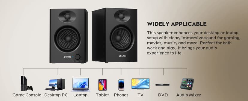 OHAYO 60W Computer Speakers for Music and Gaming, Active Bluetooth 5.3, Stereo 2.0 Speakers for Desktop PC or Laptop, 3.5mm Aux RCA USB Input, 1 Pair, Black