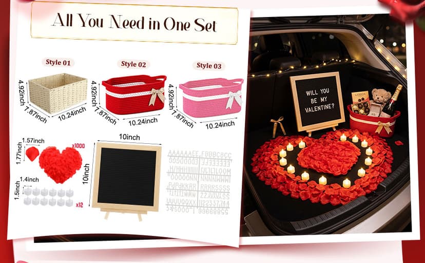 Basket Set with Letter Board, 1000 Rose Petal, 12 Heart LED Light, Romantic Gift Girlfriend Asking Anniversary Surprise Decor Ceenna Will You Be My Girlfriend Proposal Kit, Red, Cute