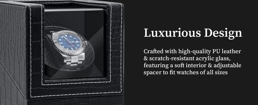 Mcbazel Mcbazel Single Watch Winder, Ultra Quiet Japanese Motor Automatic Watch Winder Box with Multiple Rotation Modes, Premium Watch Winder for Automatic Watches (AC/ Battery Powered) - Black with Crocodile Pattern