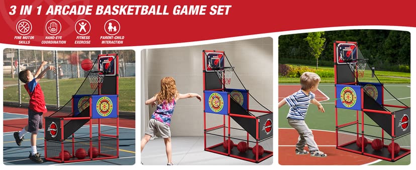 HYES Basketball Arcade Game Indoor Outdoor, Kids Basketball Hoop with 4 Balls & Pump, Single Shot Basketball Game at Home, Carnival Games Sport Toys for Boys Girls Teens