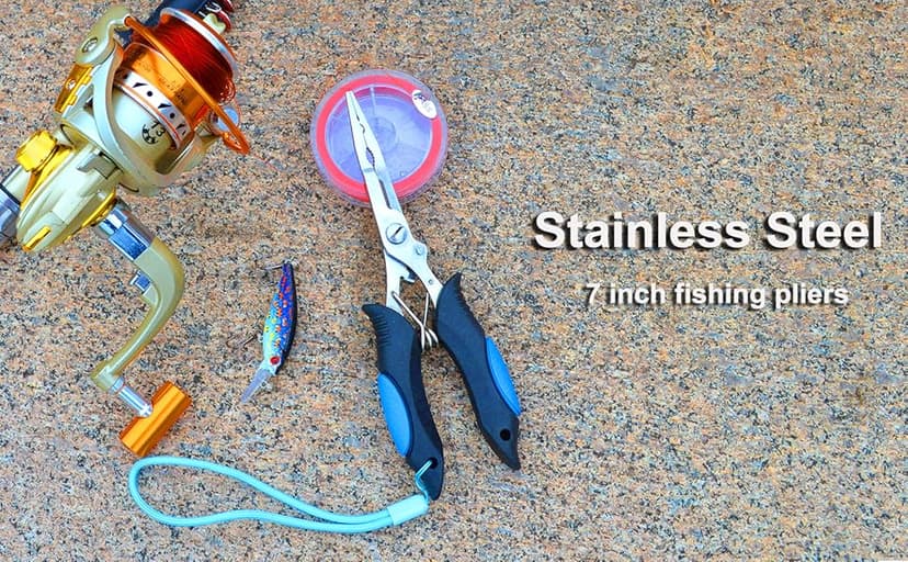 Amoygoog Stainless Steel Fishing Pliers - Needle Nose Plier for Cutting Fishing Line, Multitool Pliers with Sheath and Telescopic Lanyard | Fishing Tools