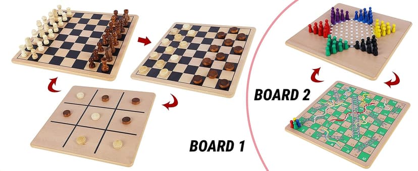 Glintoper 5-in-1 Wooden Board Game with 2 Reversible Boards for Chess, Checkers, Chinese Checkers, Snakes and Ladders, Tic Tac Toe, Tabletop Combo Classic Portable Board Games for Kids to Adult
