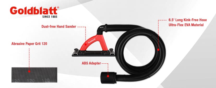 Goldblatt Dust Free Hand Sander, Dustless Drywall Vacuum Sander, with 6.5 ft Hose, Sanding Pad, Adapter