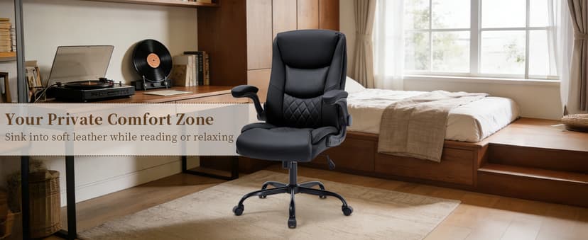 Office Chair, Executive Leather Office Chair with Lumbar Support & Flip-up Armrests, Ergonomic Adjustable High Back Swivel Chair with Rocking Function (Black)