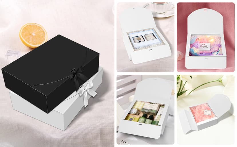 10 PCS Gift Boxes with Lids, 10.6x7.8x3.1 Inch Kraft Paper Gift Box, White with Ribbon, Bridesmaid Proposal Box for Wedding, Packaging, Present, Birthday, Cupcake