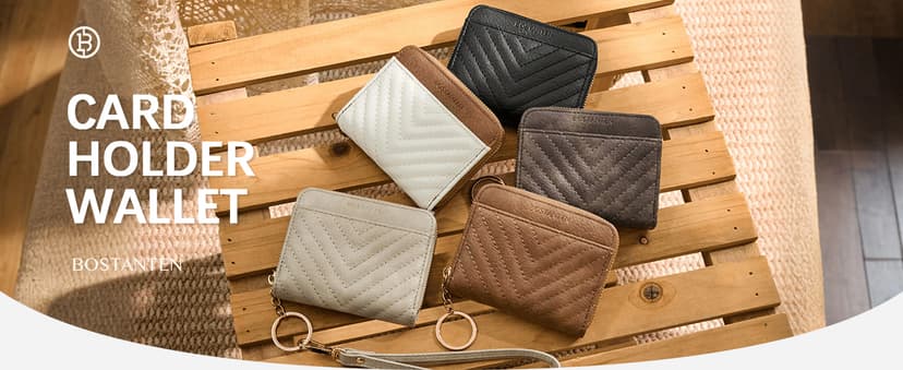 BOSTANTEN Credit Card Holder Wallet RFID Blocking Leather Small Wallet for Women Zipper Keychain Wallet with Wristlet Beige&Brown